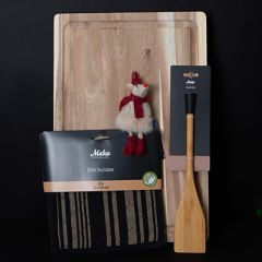 Gavesett 4 deler Skjærefjøl, grytekluter x 2, stekespade bambus, julefigur      